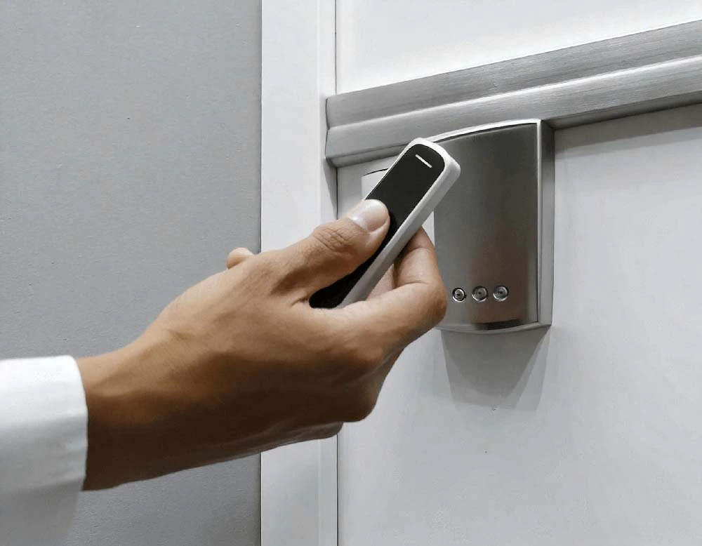 Hand using a smartphone to unlock a door with a digital access control system.