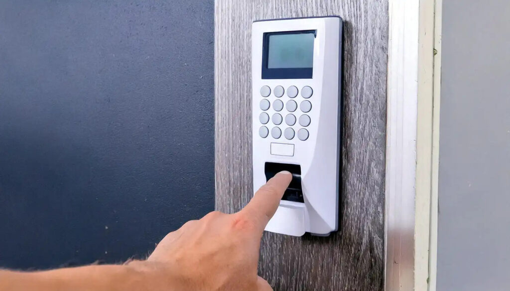 Fingerprint and keypad access control system being used for entry.