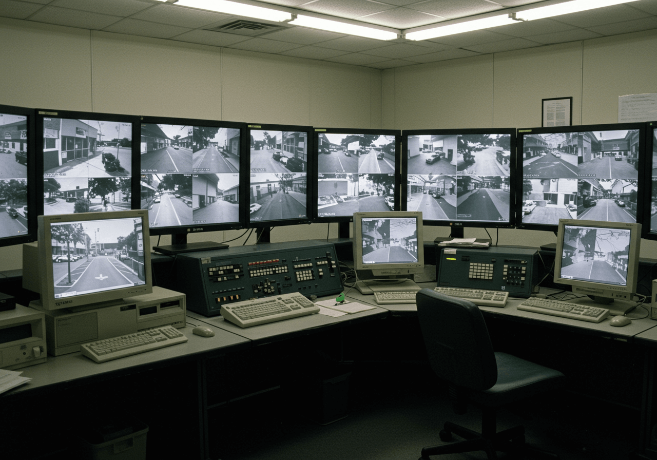 A control room with multiple monitors displaying black and white security camera footage of city streets. Several keyboards and control panels are also visible.