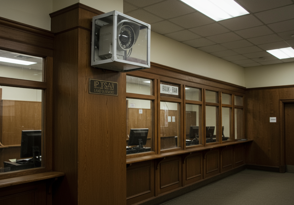A security camera in a protective enclosure is mounted on a wall next to a bank of teller windows. The windows are made of glass and feature computer screens visible inside. A wooden paneling decorates the walls.