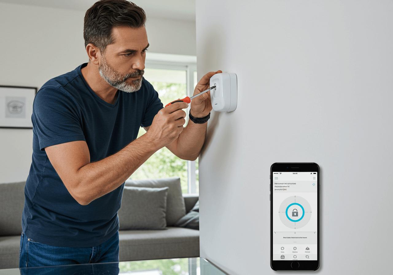Setting up a smart home security system: a person installs a wireless sensor while a smartphone app displays setup instructions.